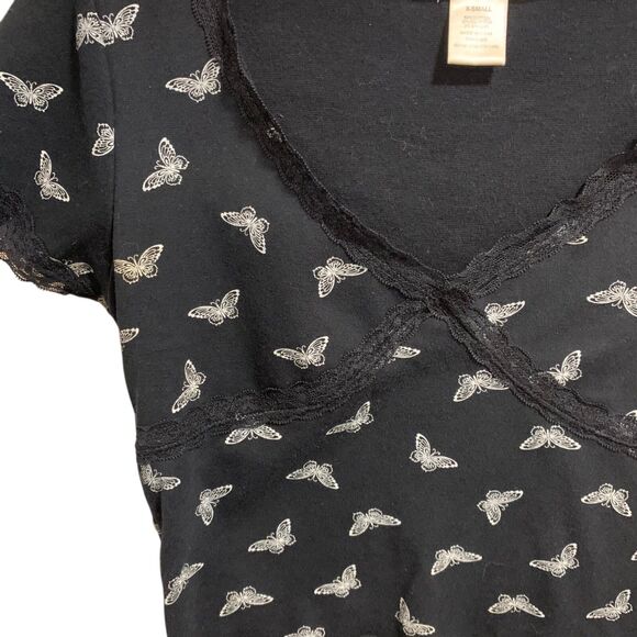 Cut and Pasted Womens Y2K Black Cropped Butterfly Baby Tee XS 90s Festival Boho - Picture 2 of 4